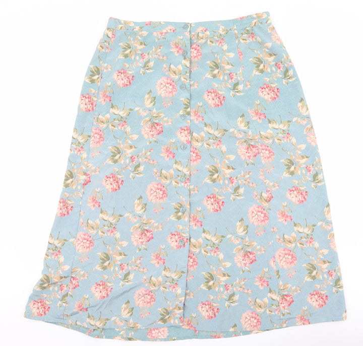 Lee David Womens Blue Floral Polyester A-Line Skirt Size 35 in Button