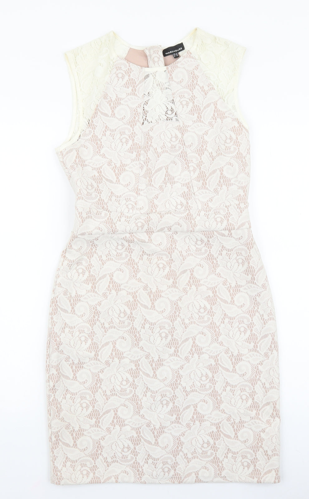 Warehouse Womens Ivory Cotton Pencil Dress Size 12 Boat Neck Zip