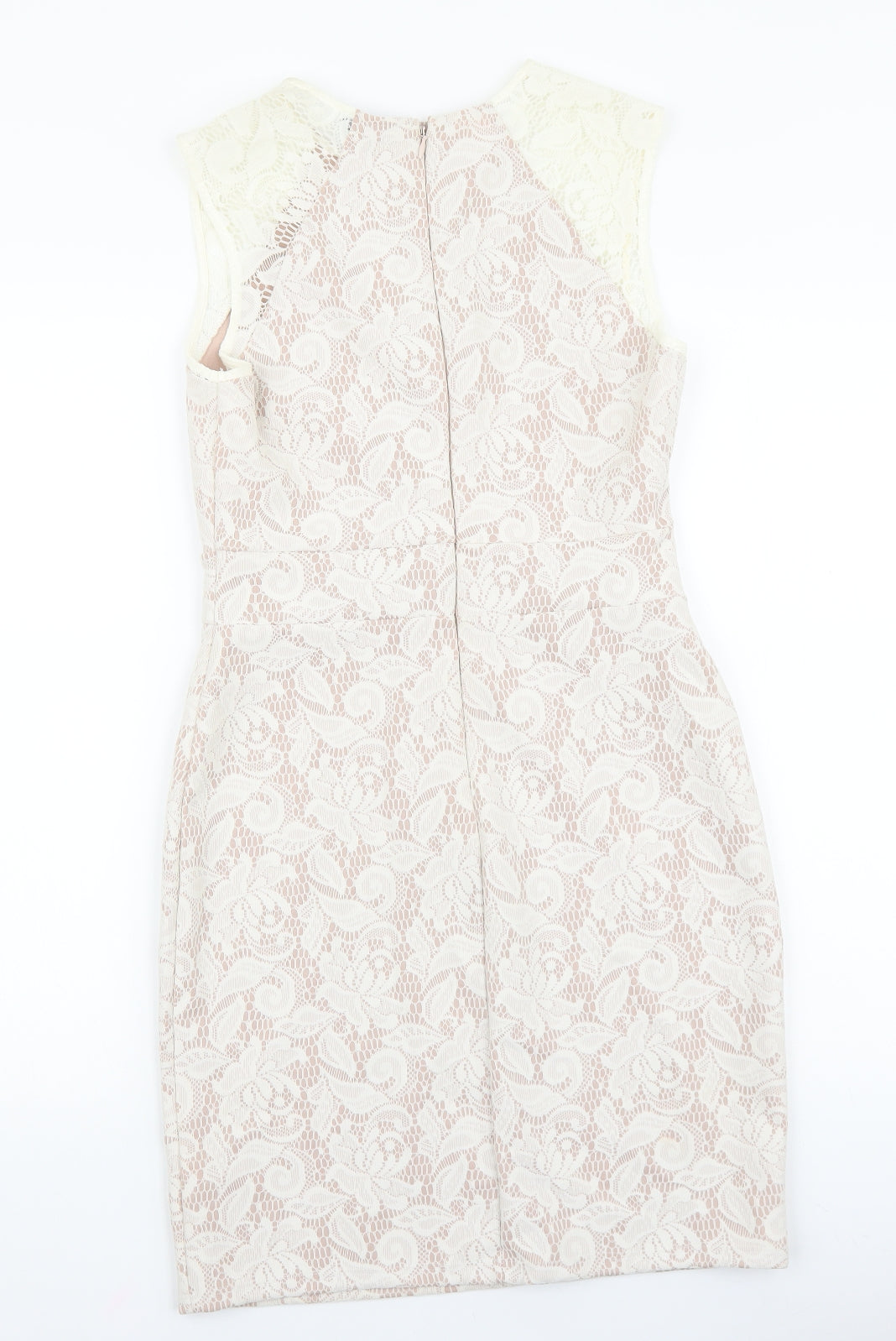 Warehouse Womens Ivory Cotton Pencil Dress Size 12 Boat Neck Zip