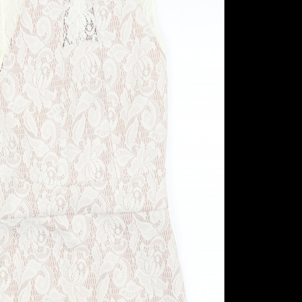 Warehouse Womens Ivory Cotton Pencil Dress Size 12 Boat Neck Zip