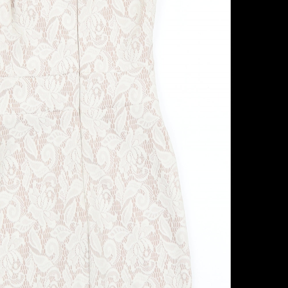 Warehouse Womens Ivory Cotton Pencil Dress Size 12 Boat Neck Zip