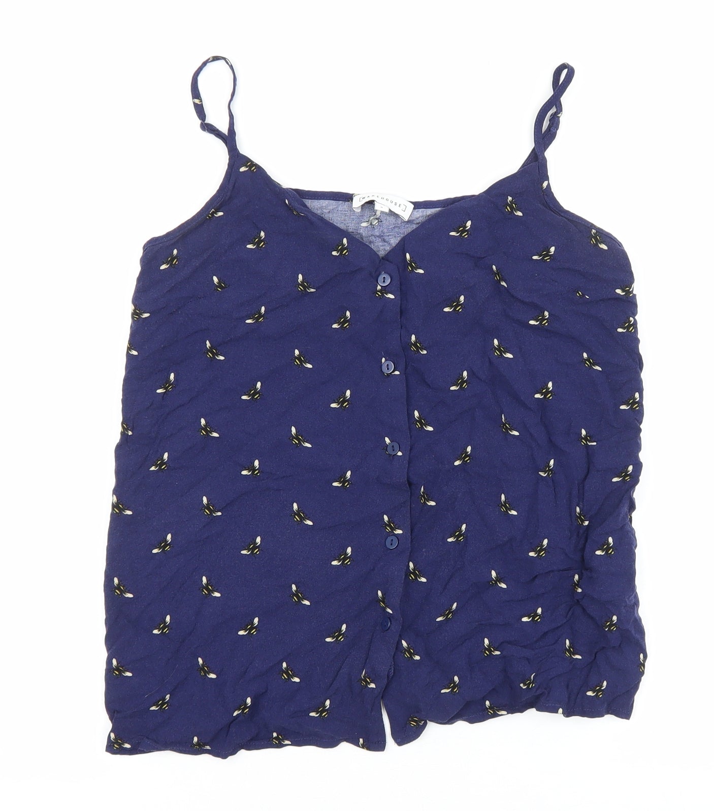 Warehouse Womens Blue Geometric Viscose Basic Tank Size 8 V-Neck - Bee Pattern