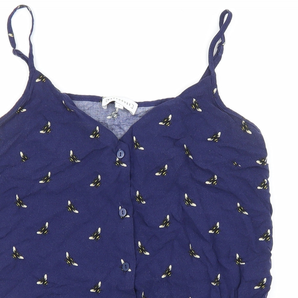 Warehouse Womens Blue Geometric Viscose Basic Tank Size 8 V-Neck - Bee Pattern