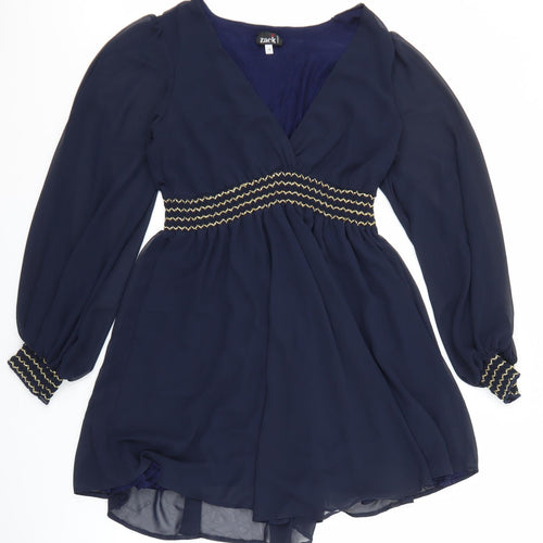 Zack Womens Blue Polyester Skater Dress Size 14 V-Neck Pullover