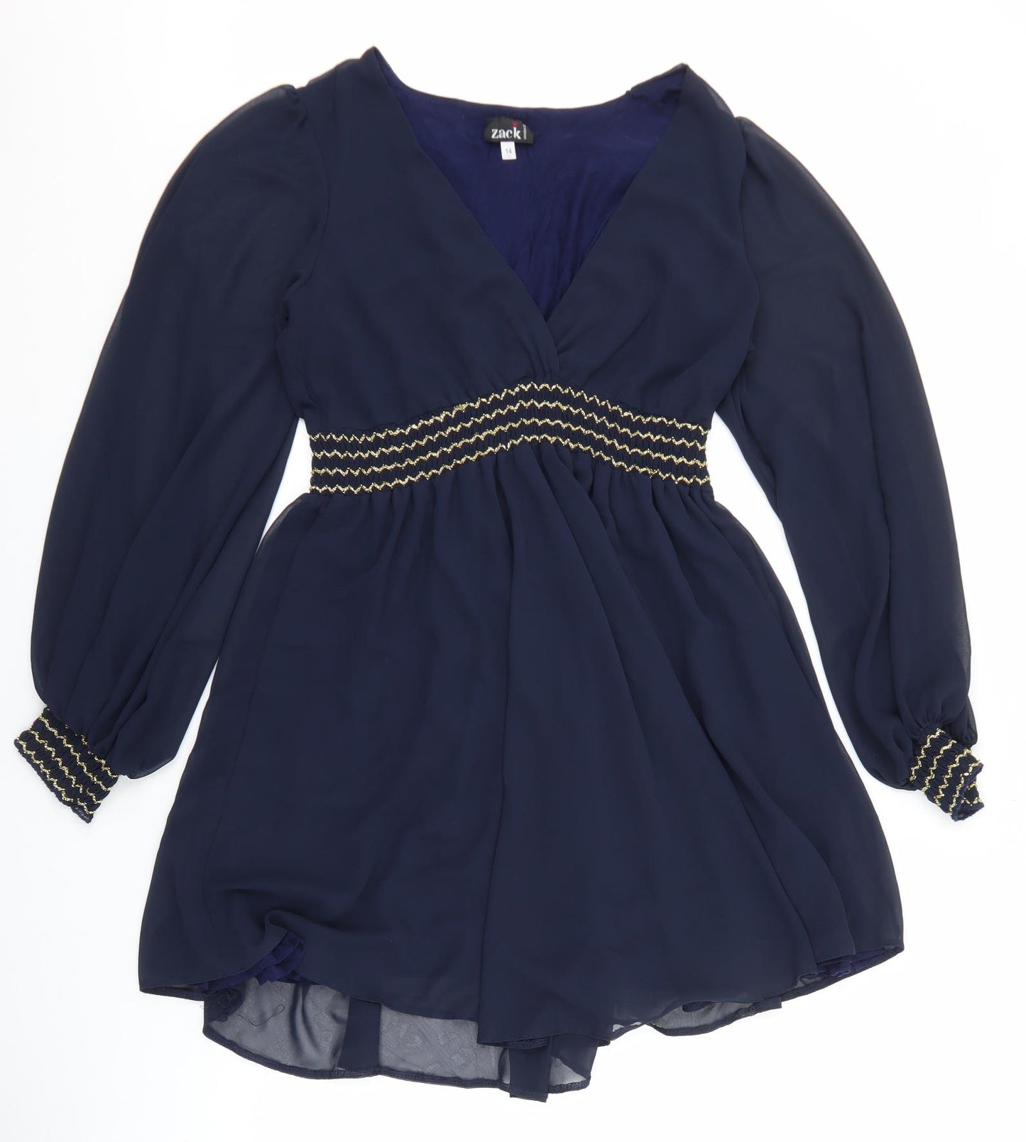 Zack Womens Blue Polyester Skater Dress Size 14 V-Neck Pullover