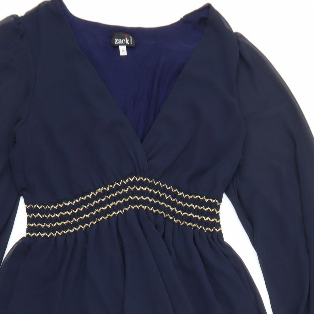 Zack Womens Blue Polyester Skater Dress Size 14 V-Neck Pullover