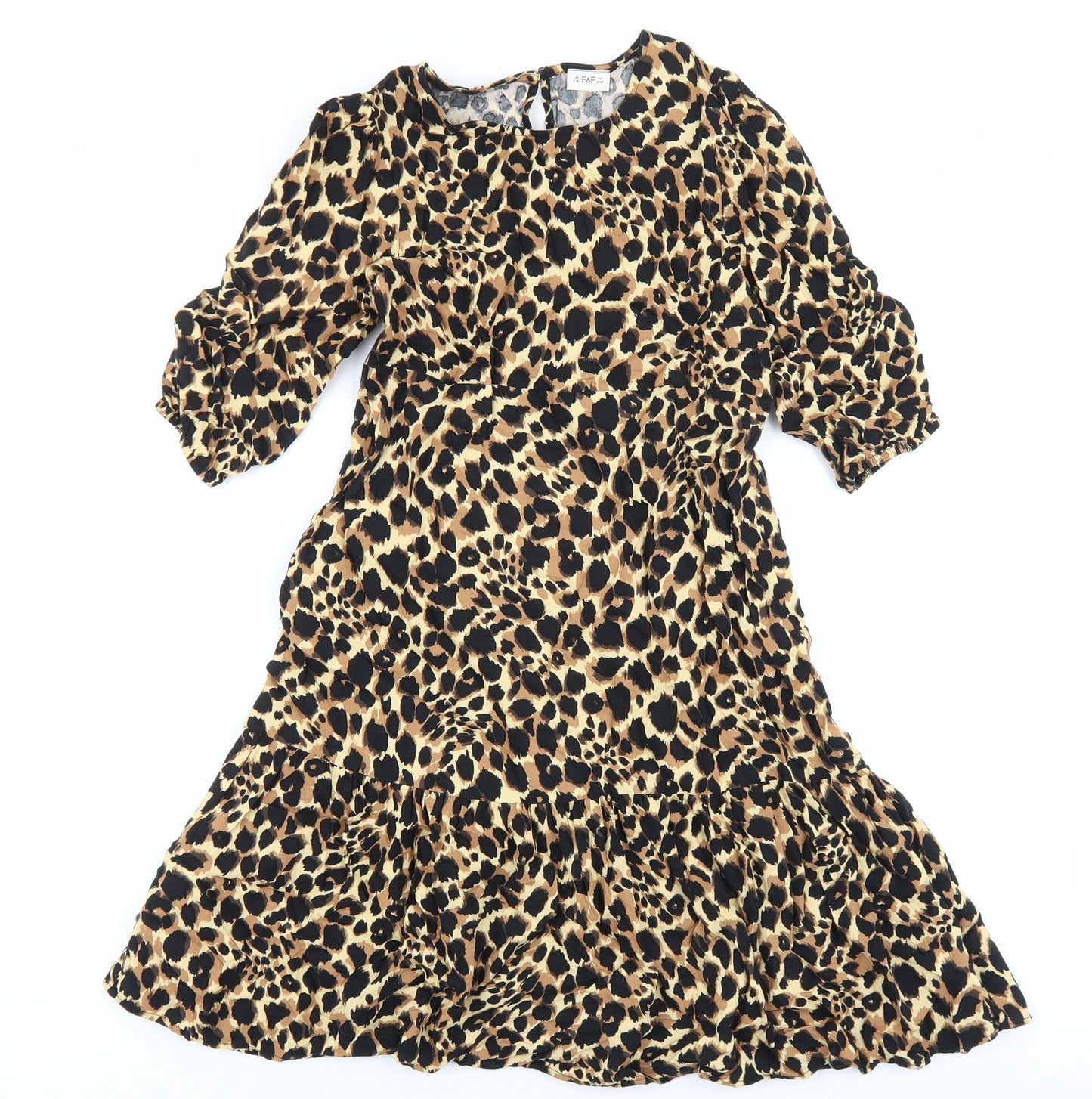 F&F Girls Brown Animal Print Viscose Fit & Flare Size 9-10 Years Round Neck Button - Leopard print