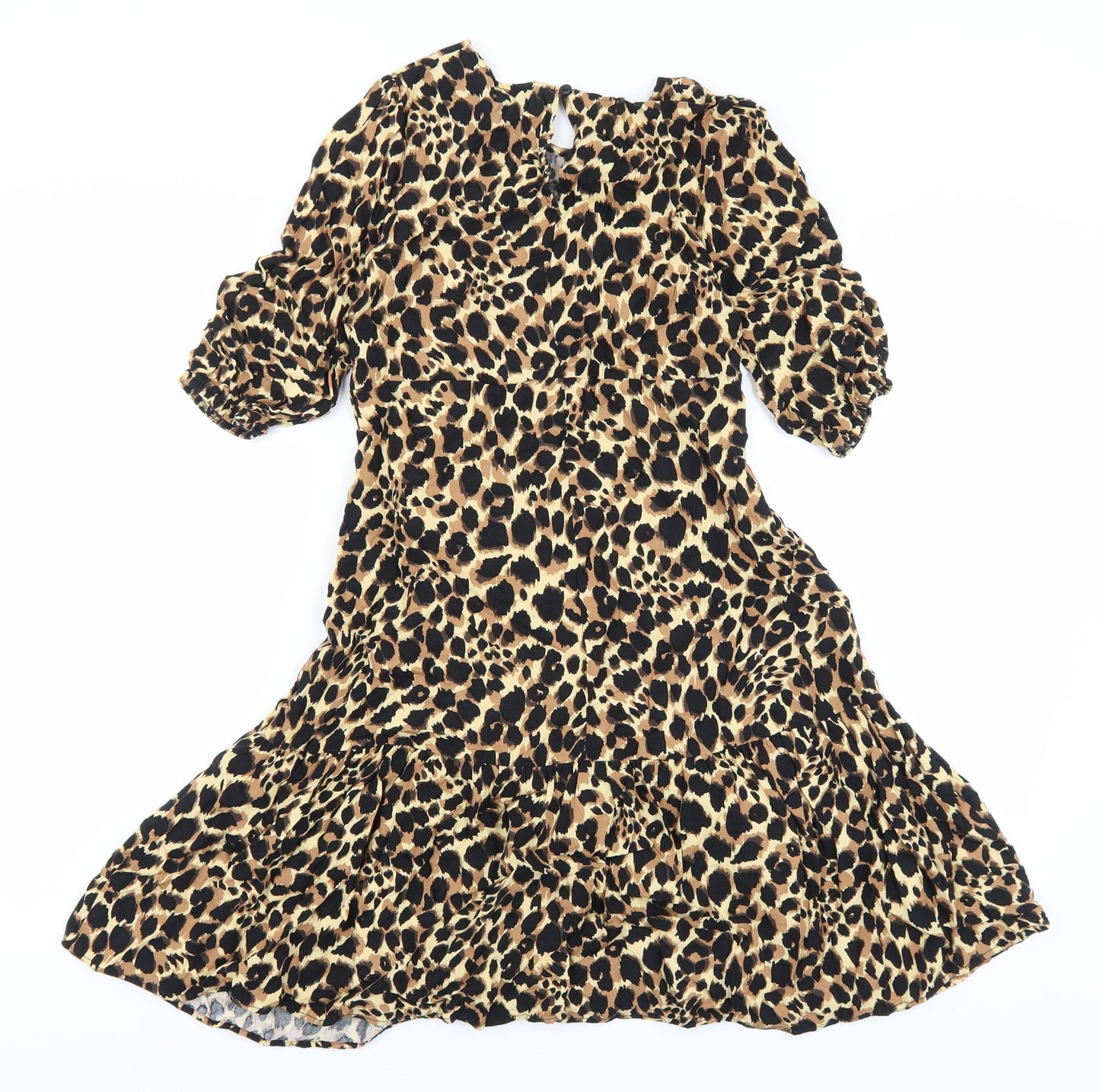 F&F Girls Brown Animal Print Viscose Fit & Flare Size 9-10 Years Round Neck Button - Leopard print