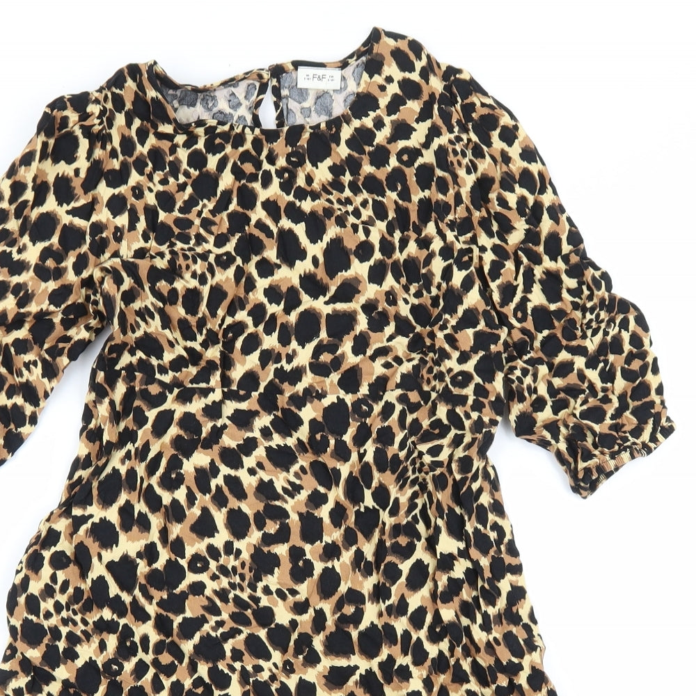 F&F Girls Brown Animal Print Viscose Fit & Flare Size 9-10 Years Round Neck Button - Leopard print