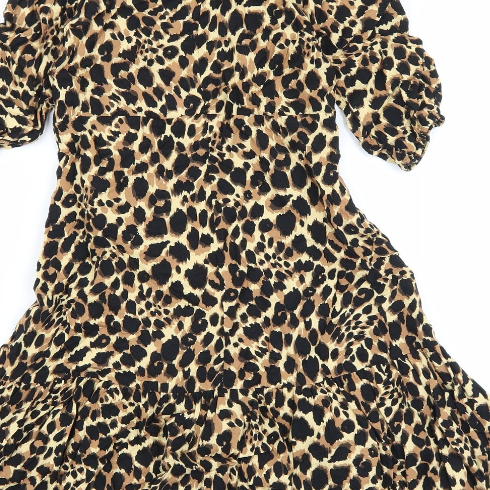 F&F Girls Brown Animal Print Viscose Fit & Flare Size 9-10 Years Round Neck Button - Leopard print