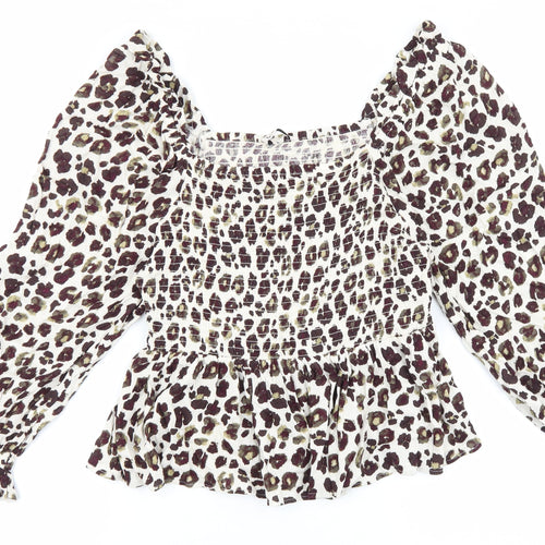 F&F Womens Brown Animal Print Viscose Basic Blouse Size 14 Square Neck - Leopard Print