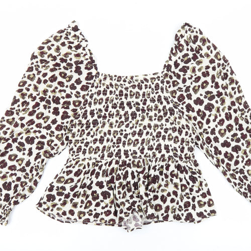 F&F Womens Brown Animal Print Viscose Basic Blouse Size 14 Square Neck - Leopard Print
