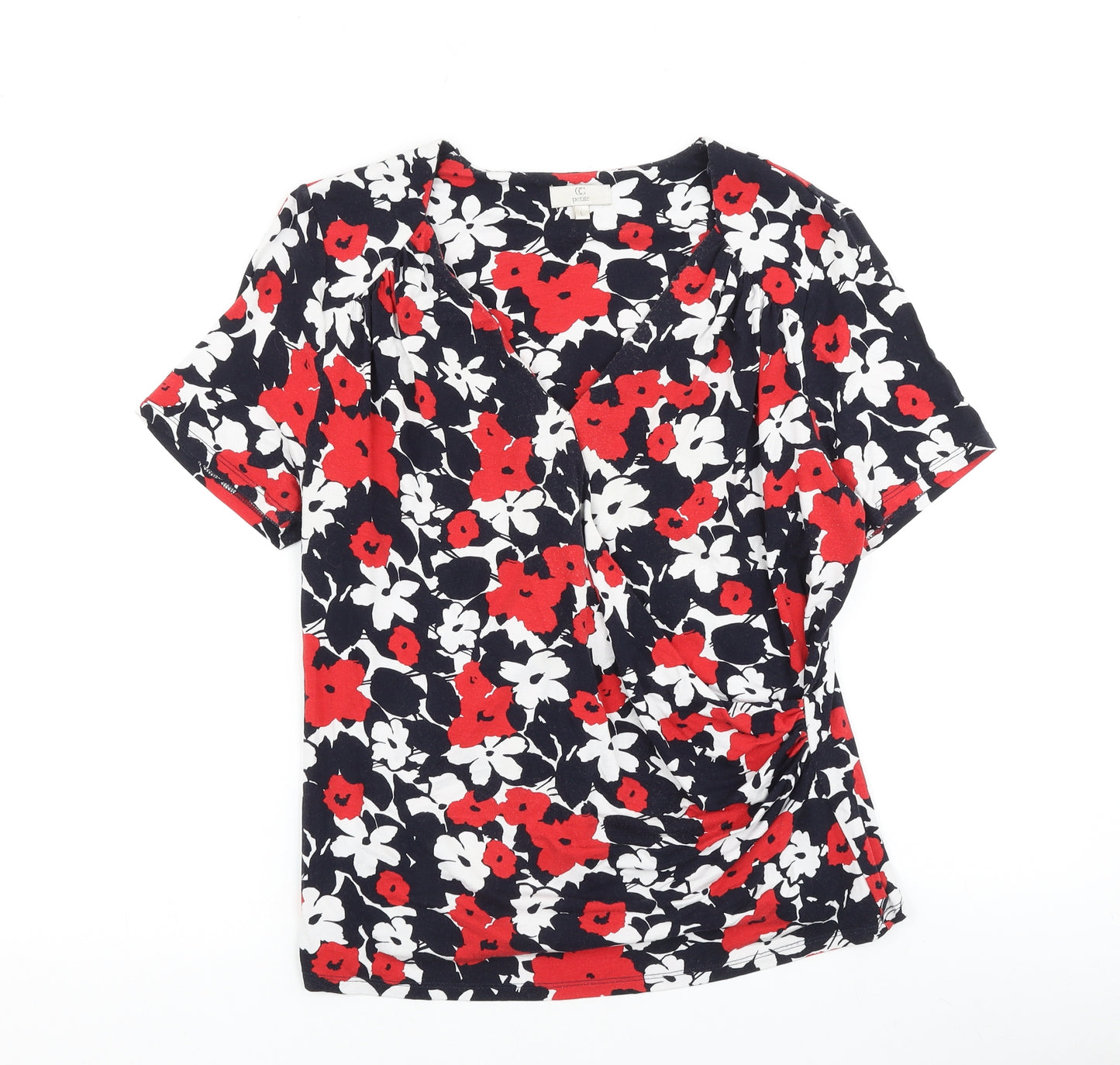 CC Womens Red Floral Viscose Basic T-Shirt Size L V-Neck