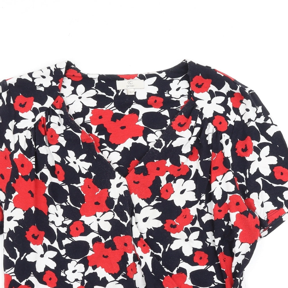 CC Womens Red Floral Viscose Basic T-Shirt Size L V-Neck