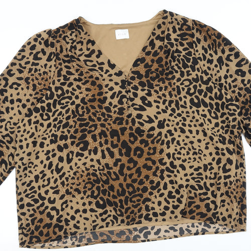 VILA Womens Brown Animal Print Polyester Basic T-Shirt Size 14 V-Neck - Leopard Print