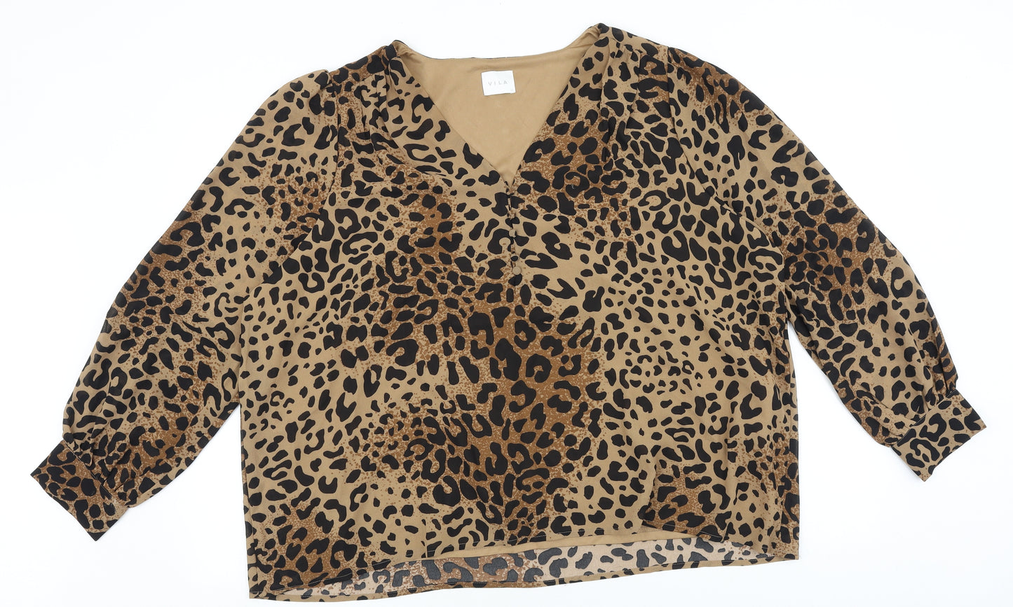 VILA Womens Brown Animal Print Polyester Basic T-Shirt Size 14 V-Neck - Leopard Print