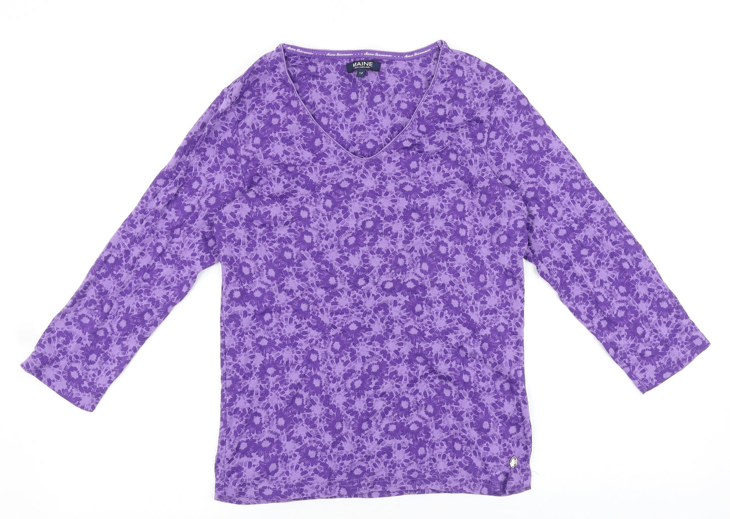 Maine Womens Purple Floral 100% Cotton Basic Blouse Size 12 V-Neck