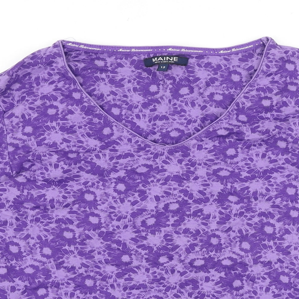 Maine Womens Purple Floral 100% Cotton Basic Blouse Size 12 V-Neck