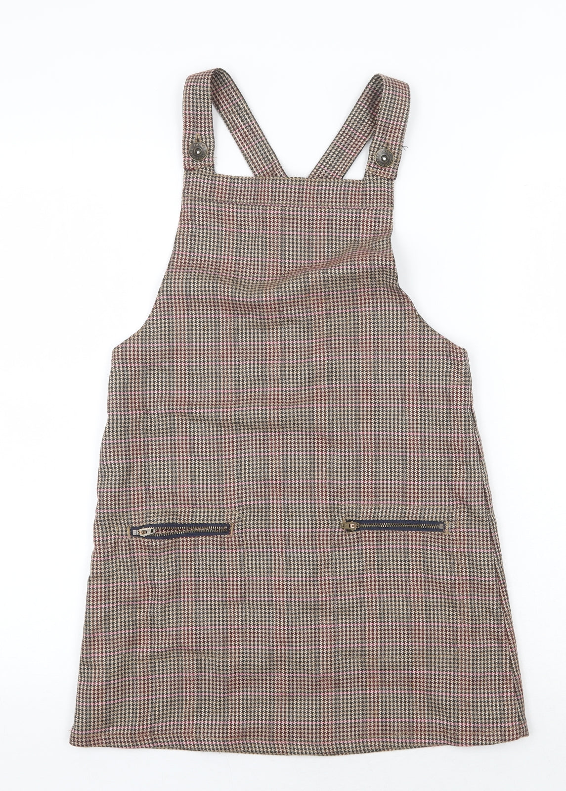 NEXT Girls Brown Plaid Polyester Pinafore/Dungaree Dress Size 10 Years Square Neck Button