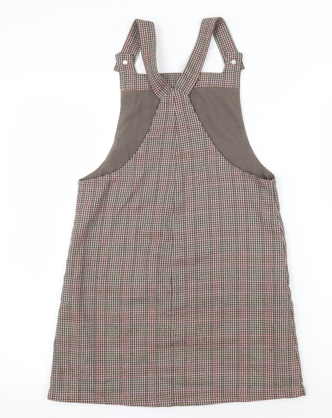 NEXT Girls Brown Plaid Polyester Pinafore/Dungaree Dress Size 10 Years Square Neck Button