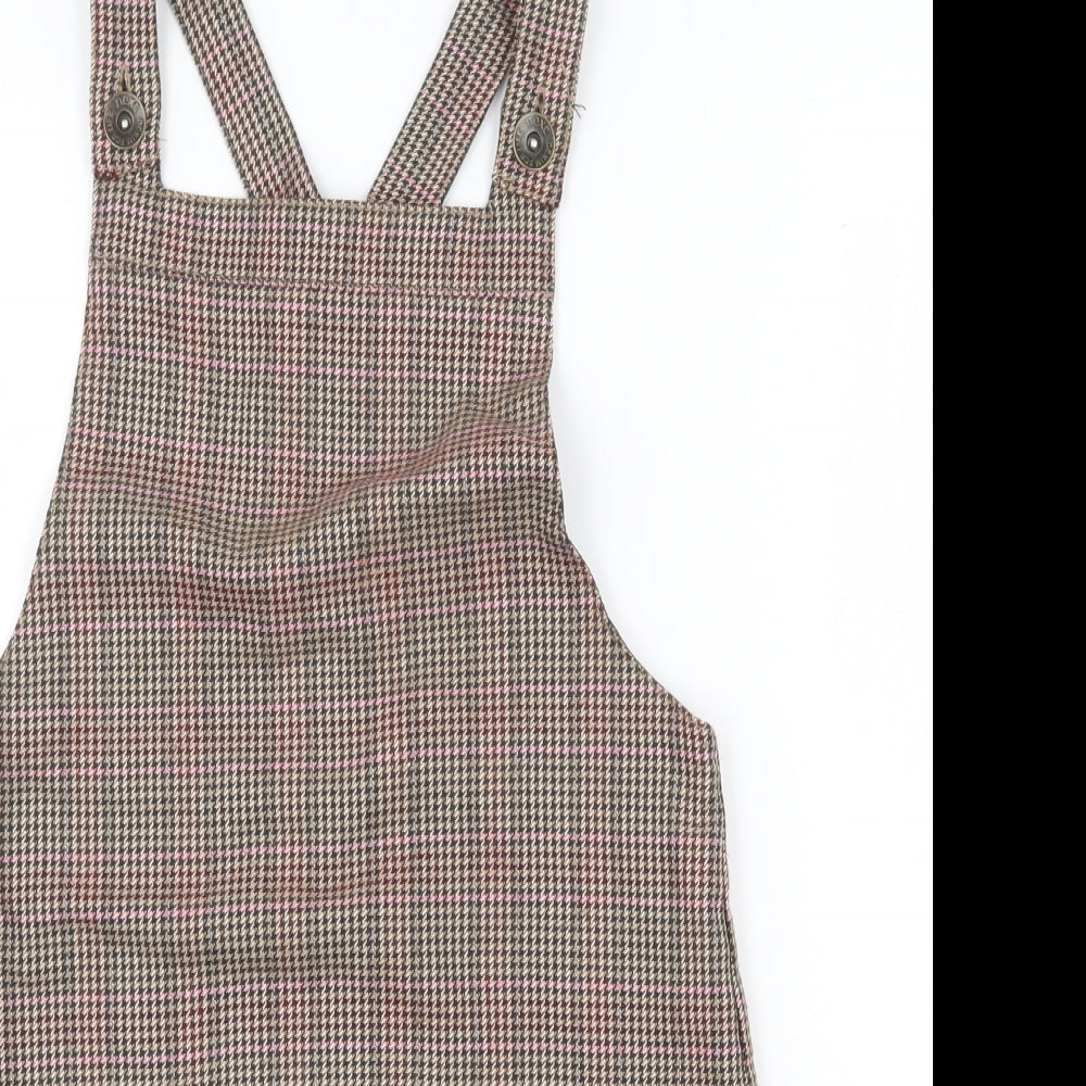 NEXT Girls Brown Plaid Polyester Pinafore/Dungaree Dress Size 10 Years Square Neck Button