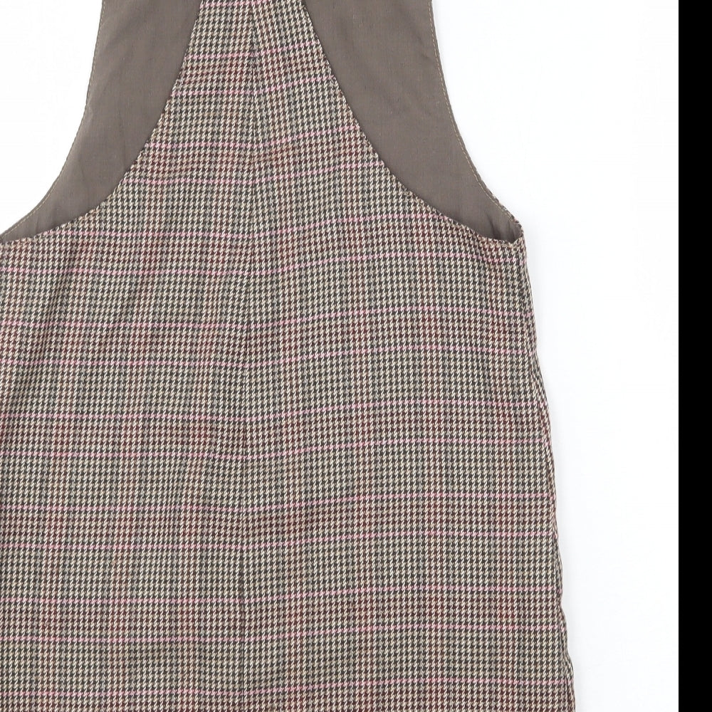 NEXT Girls Brown Plaid Polyester Pinafore/Dungaree Dress Size 10 Years Square Neck Button