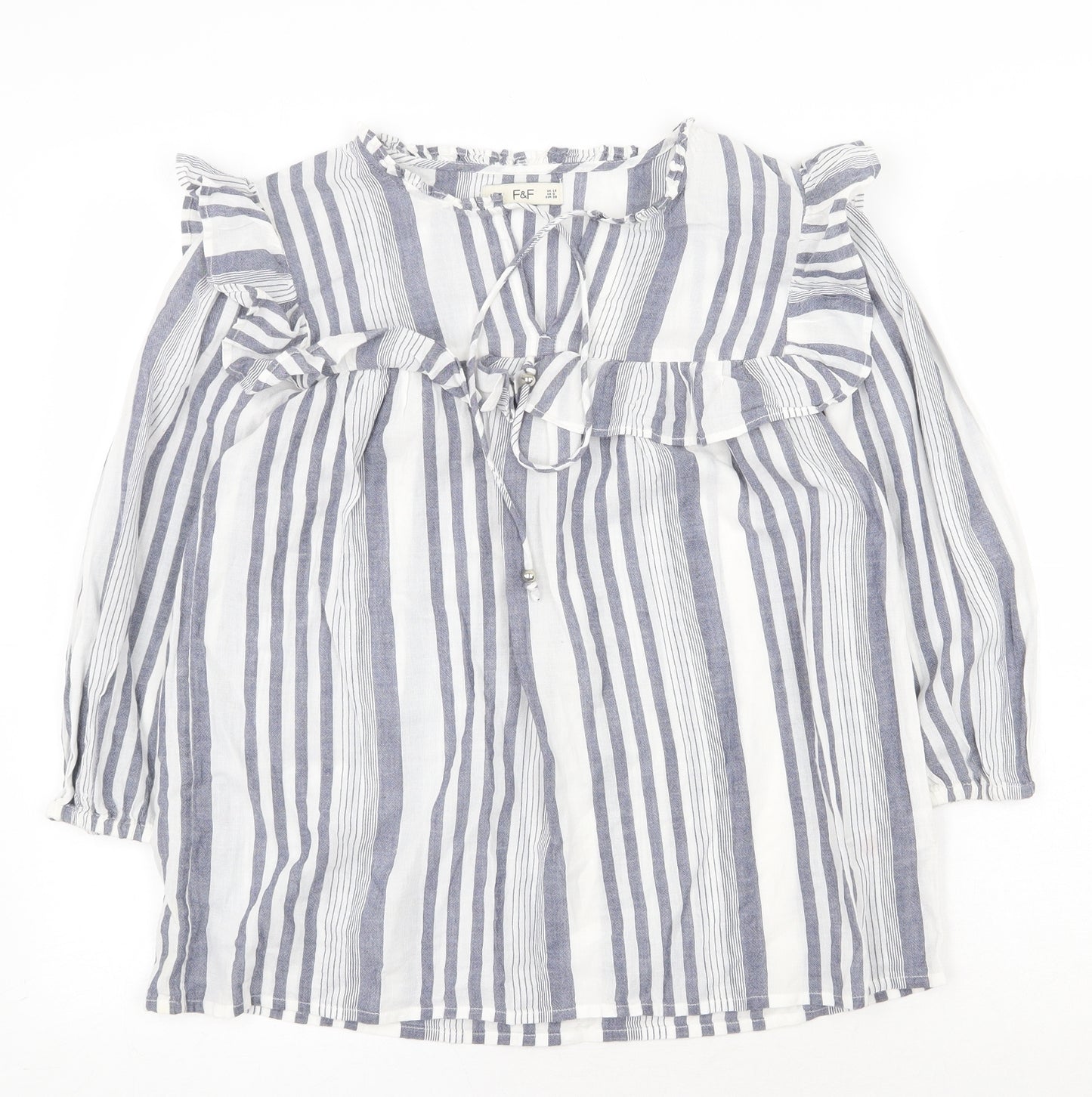 F&F Womens Blue Striped 100% Cotton Basic T-Shirt Size 10 V-Neck