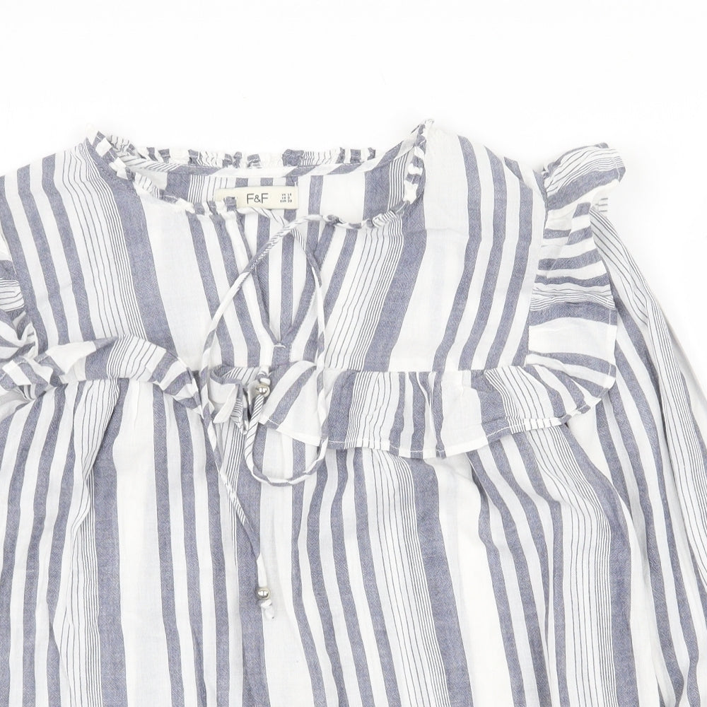 F&F Womens Blue Striped 100% Cotton Basic T-Shirt Size 10 V-Neck