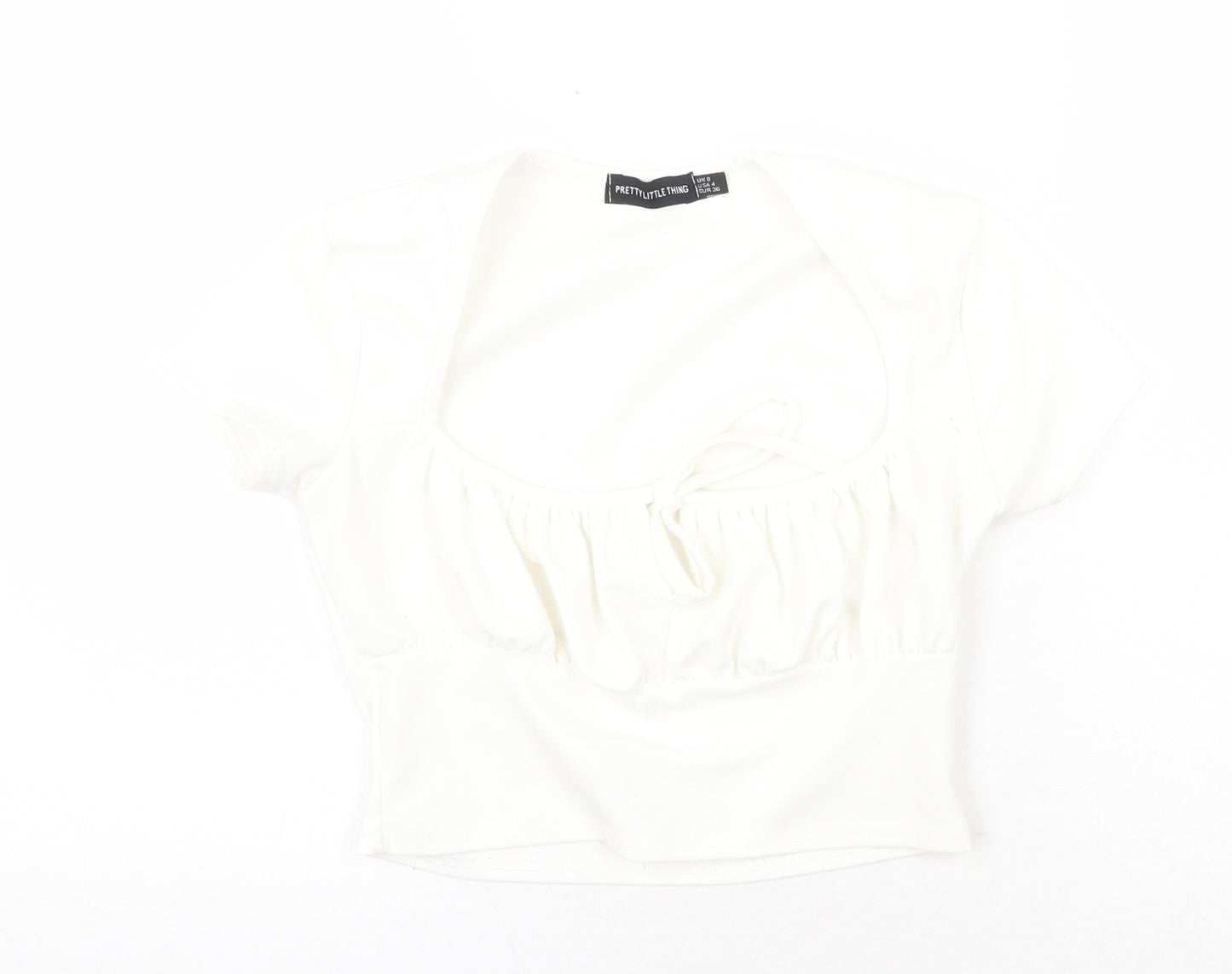 PRETTYLITTLETHING Womens White Polyester Cropped T-Shirt Size 8 Square Neck