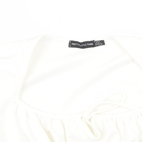 PRETTYLITTLETHING Womens White Polyester Cropped T-Shirt Size 8 Square Neck