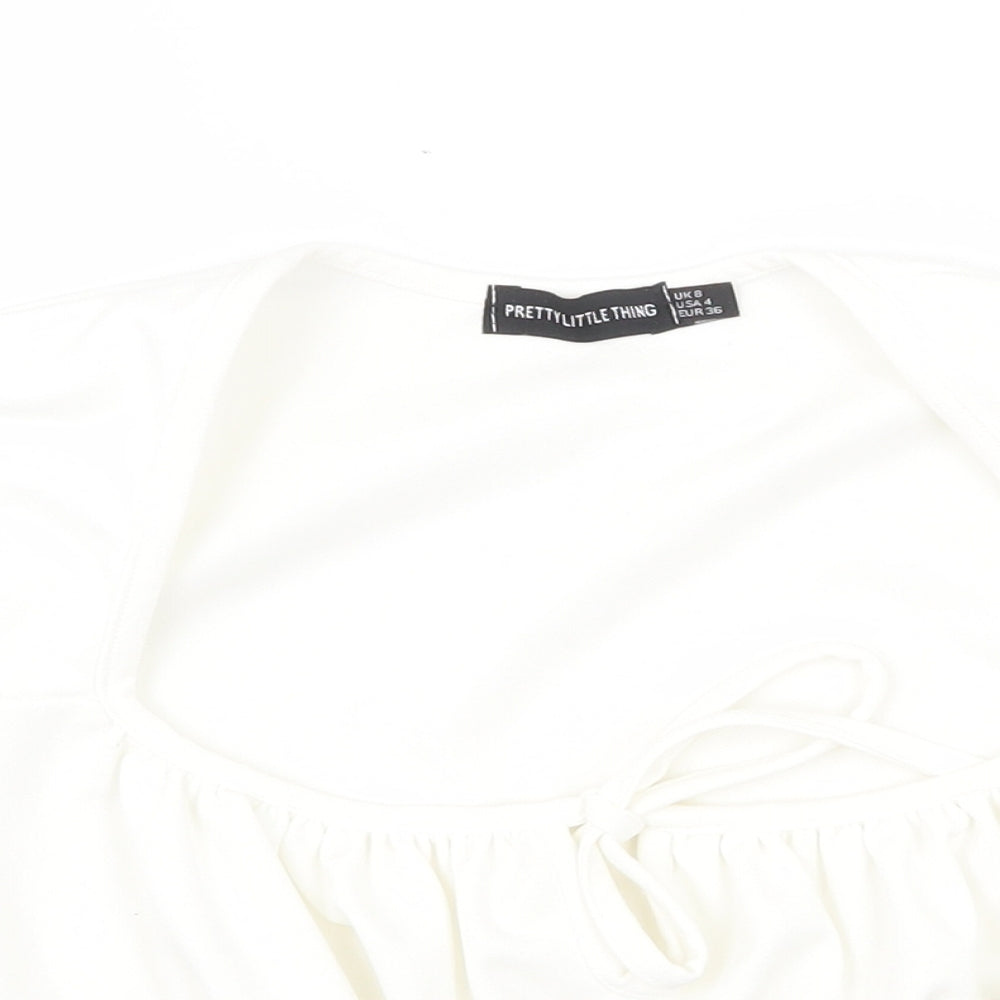 PRETTYLITTLETHING Womens White Polyester Cropped T-Shirt Size 8 Square Neck