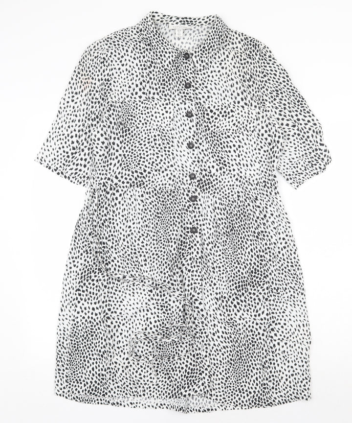 Topshop Womens White Geometric Viscose Shirt Dress Size 10 Collared Tie