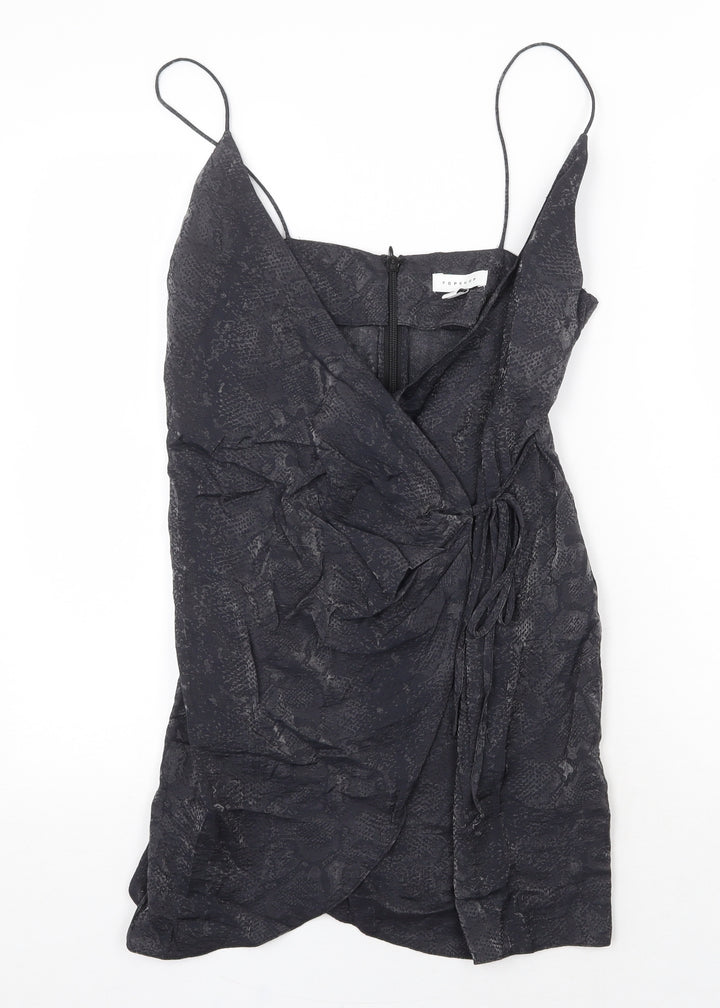 Topshop Womens Grey Animal Print Viscose Mini Size 6 V-Neck Zip - Snake Pattern