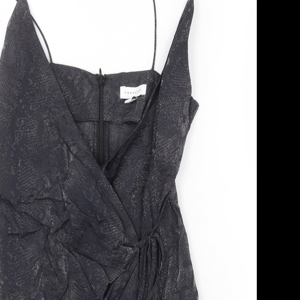 Topshop Womens Grey Animal Print Viscose Mini Size 6 V-Neck Zip - Snake Pattern