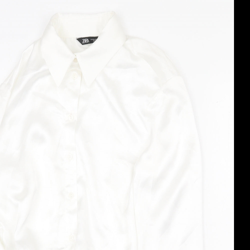 Zara Womens White Polyester Cropped Button-Up Size XS V-Neck