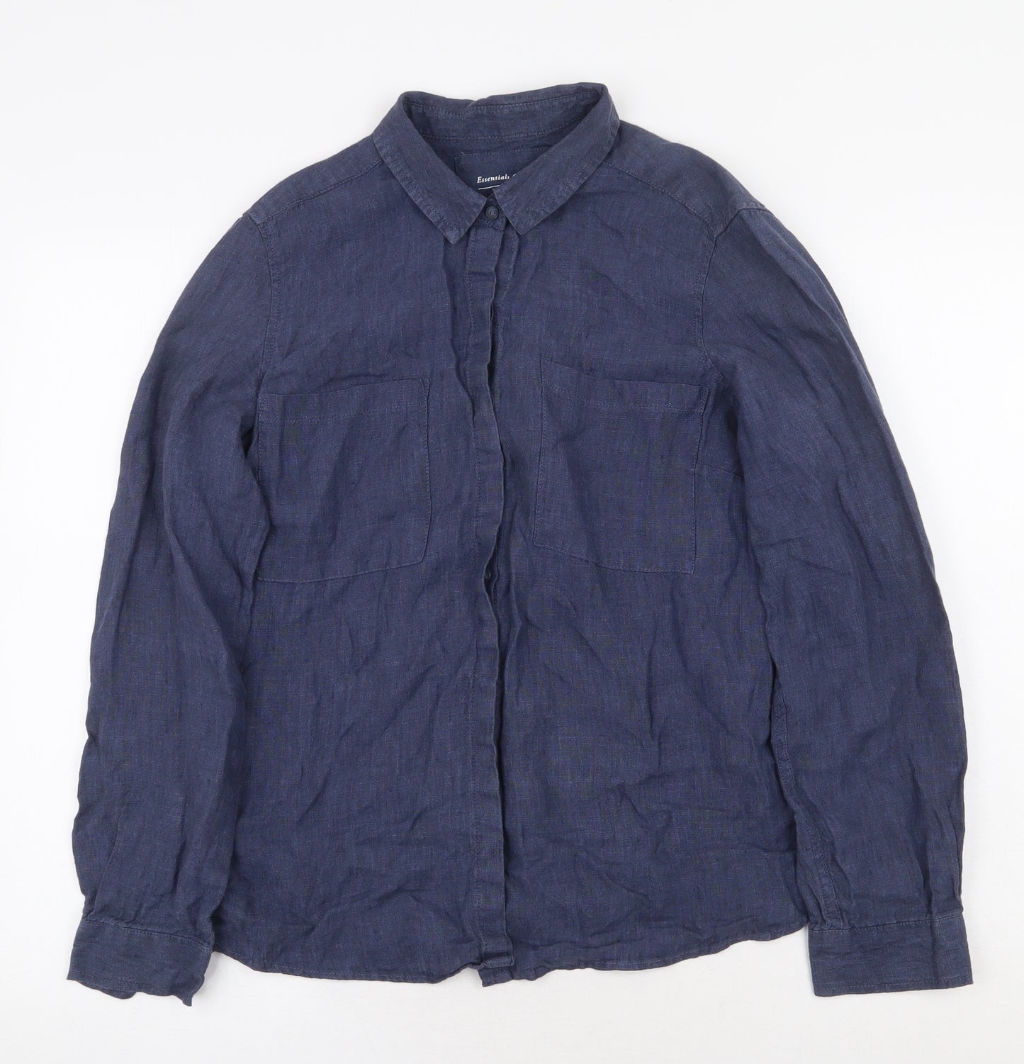 Marks and Spencer Womens Blue Linen Basic Button-Up Size 14 V-Neck