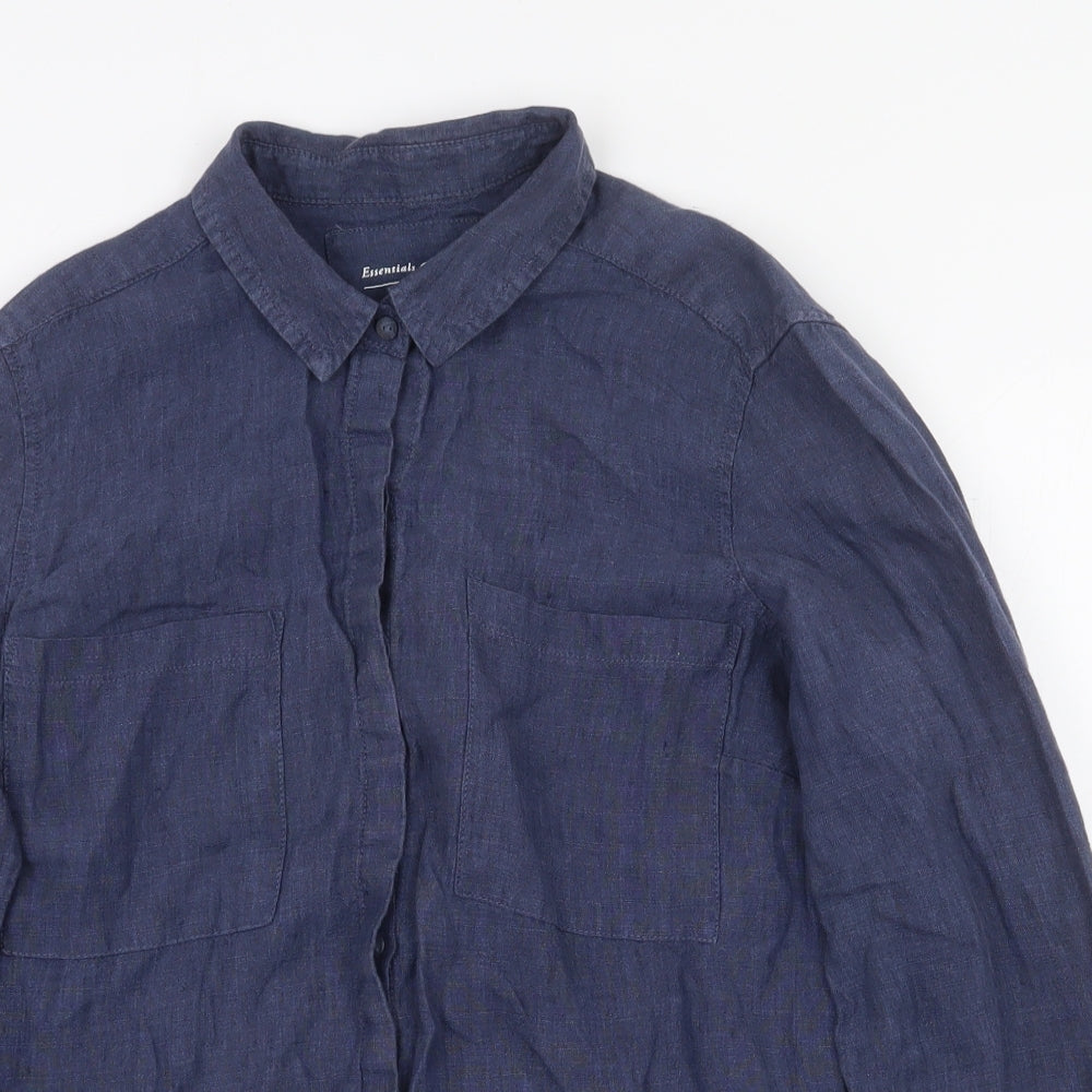 Marks and Spencer Womens Blue Linen Basic Button-Up Size 14 V-Neck