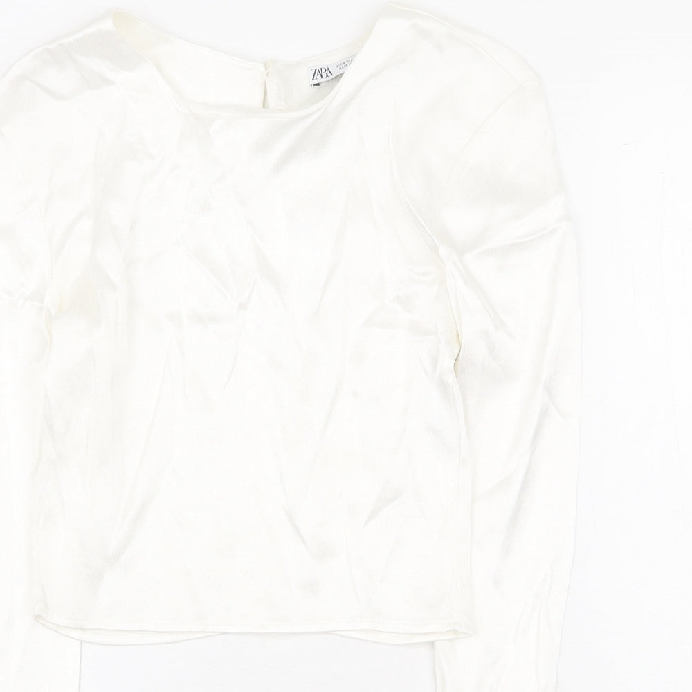 Zara Womens White Viscose Cropped T-Shirt Size S Round Neck