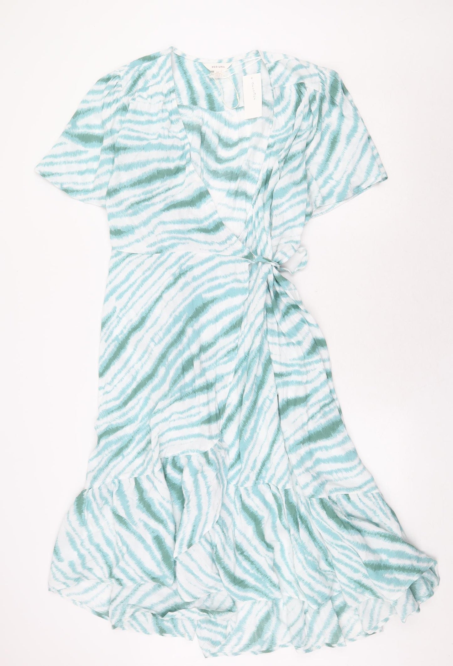 Per Una Womens Green Geometric Polyester Wrap Dress Size 20 V-Neck Tie