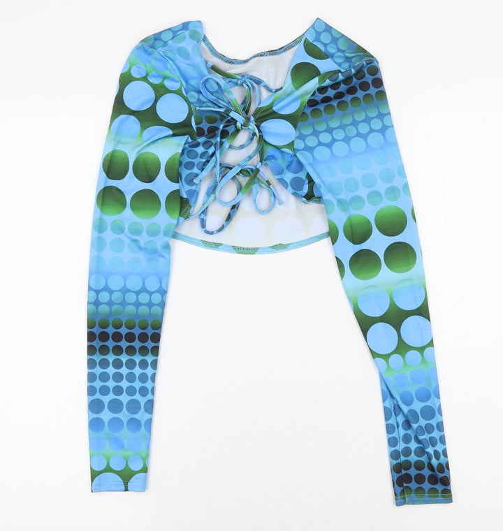 PRETTYLITTLETHING Womens Blue Geometric Polyester Cropped T-Shirt Size 8 V-Neck