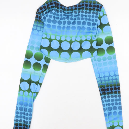 PRETTYLITTLETHING Womens Blue Geometric Polyester Cropped T-Shirt Size 8 V-Neck