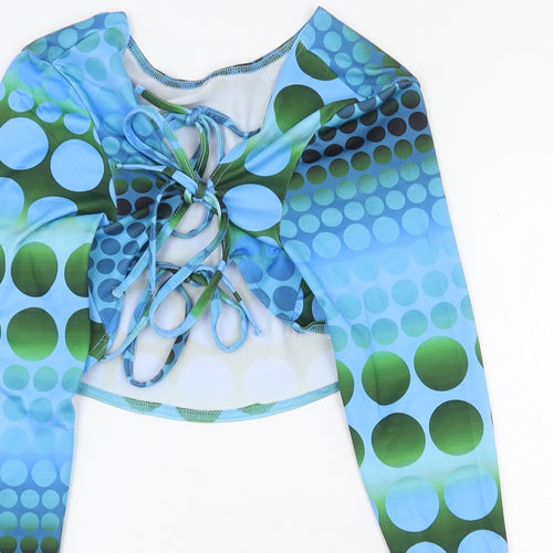 PRETTYLITTLETHING Womens Blue Geometric Polyester Cropped T-Shirt Size 8 V-Neck