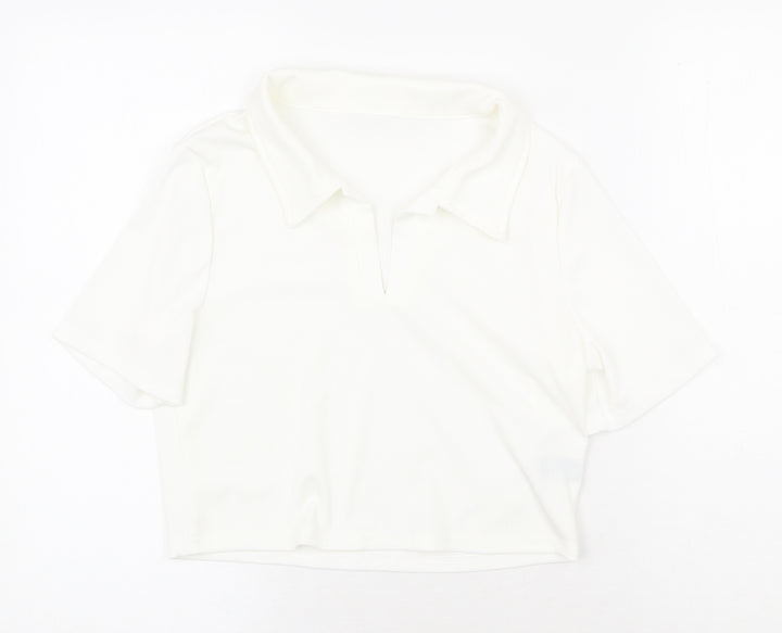 SheIn Womens White Cotton Cropped T-Shirt Size L Collared