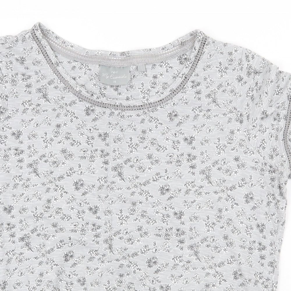 NEXT Womens Grey Floral Polyester Basic T-Shirt Size 14 Round Neck