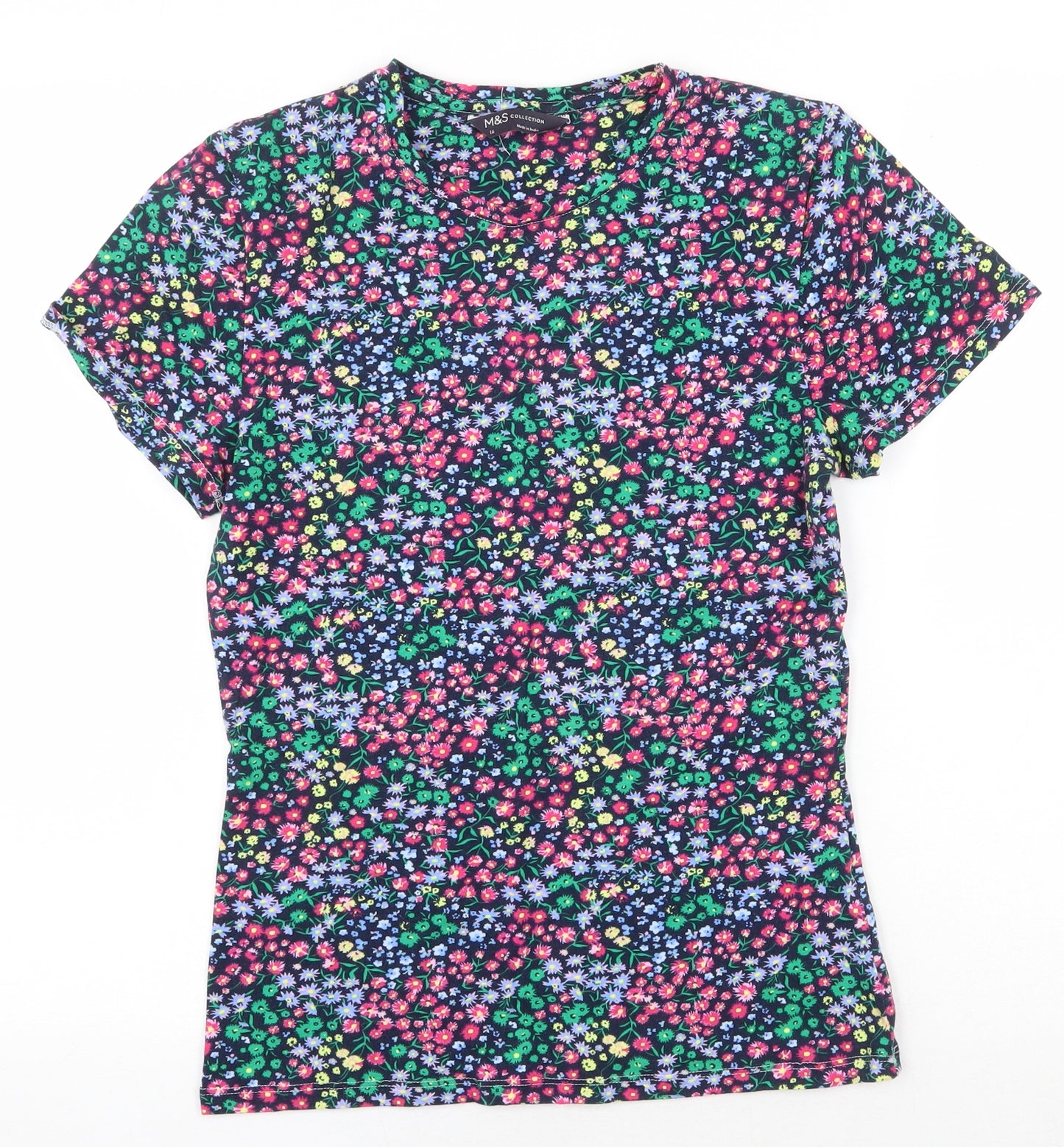 marks and Womens Multicoloured Floral Cotton Basic T-Shirt Size 16 Round Neck