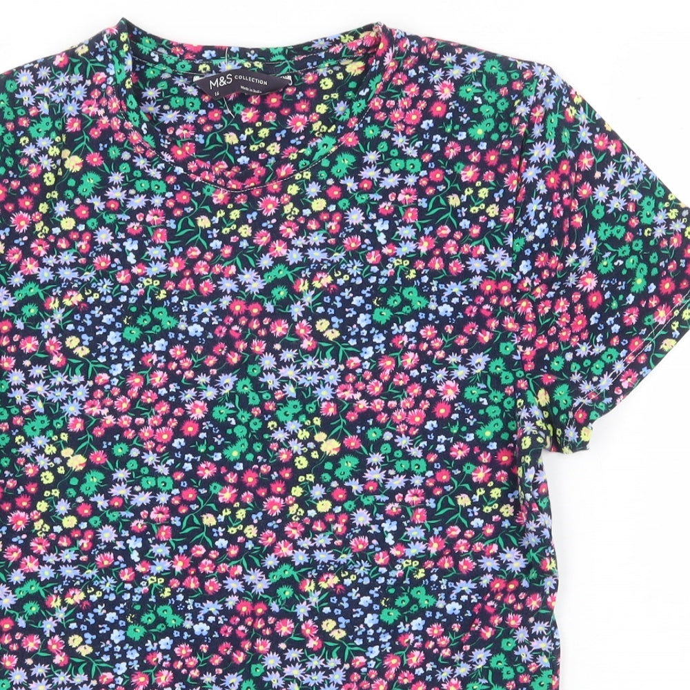 marks and Womens Multicoloured Floral Cotton Basic T-Shirt Size 16 Round Neck