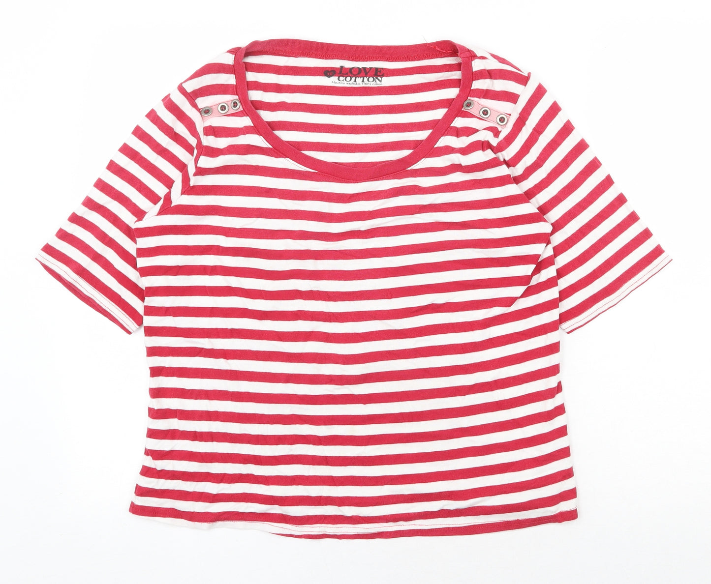 BHS Womens Red Striped 100% Cotton Basic T-Shirt Size 16 Scoop Neck