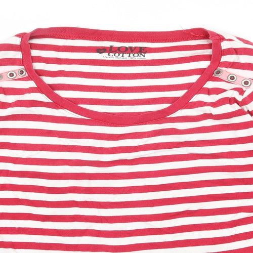BHS Womens Red Striped 100% Cotton Basic T-Shirt Size 16 Scoop Neck