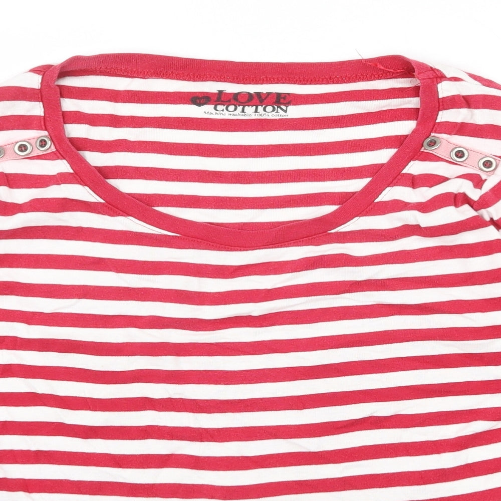 BHS Womens Red Striped 100% Cotton Basic T-Shirt Size 16 Scoop Neck