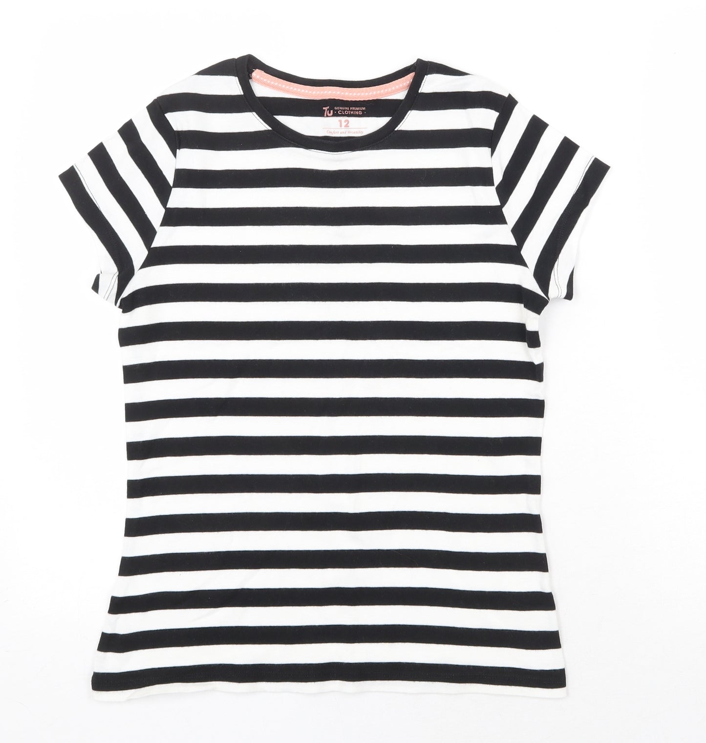 TU Womens Black Striped 100% Cotton Basic T-Shirt Size 12 Scoop Neck